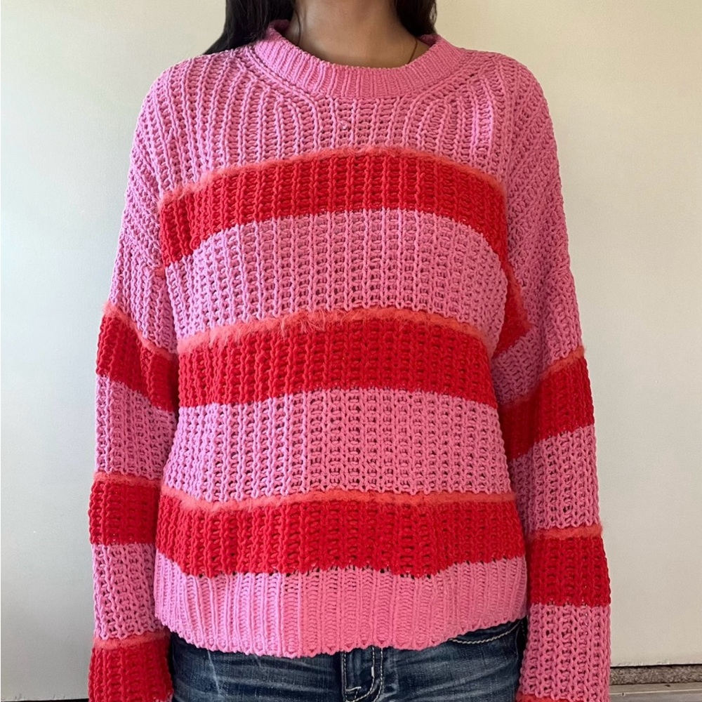 Chunky pink and red striped sweater